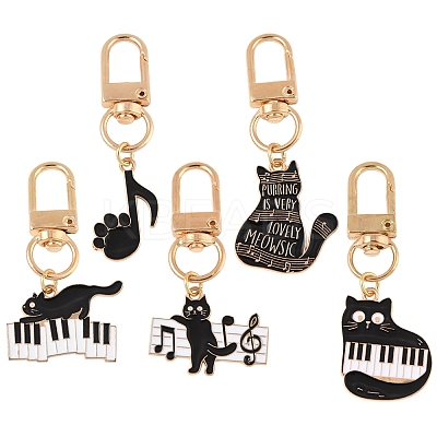 5Pcs Cat & Music Theme Alloy Enamel Pendant Decoration HJEW-FS00035-03-1