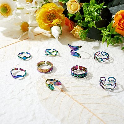 9Pcs 9 Style 304 Stainless Steel Hand & Infinite & Heart & Moon Cuff Rings RJEW-SZ0001-19-1