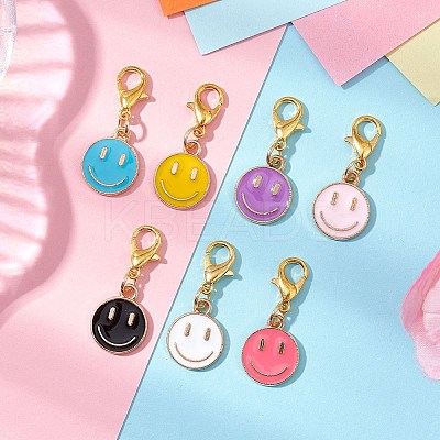 14Pcs 7 Colors Flat Round with Smiling Face Alloy Enamel Pendant Decorations HJEW-JM02585-1
