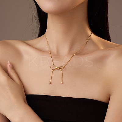 304 Stainless Steel Bowknot Pendant Snake Chain Necklaces for Women NJEW-R014-01G-1