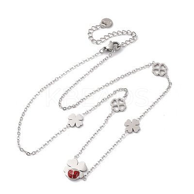 304 Stainless Steel FireBrick Enamel Ladybug Clover Link Chain Necklaces NJEW-R026-11P-1