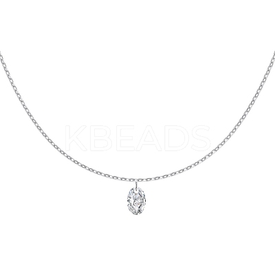 Clear Cubic Zirconia Oval Pendant 925 Sterling Silver Cable Chain Necklaces for Women NJEW-S457-02P-1