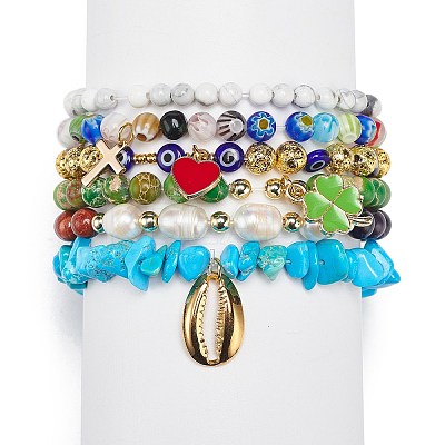 6Pcs 6 Style Natural Mixed Gemstone & Pearl & Glass Beaded Stretch Bracelets Set BJEW-JB08876-1
