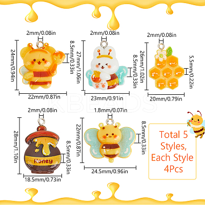 20Pcs 5 Styles  Bee Theme Opaque Resin Pendants RESI-SC0003-48-1