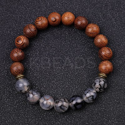 Dyed Natural Crackle Agate & Wood Round Beaded Stretch Bracelets PW-WG48929-07-1