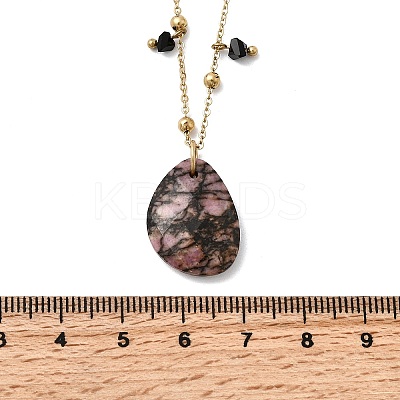 Natural Rhodonite Teardrop Pendant 304 Stainless Steel Satellite Chain Necklaces with Glass Beads NJEW-K255-57G-1