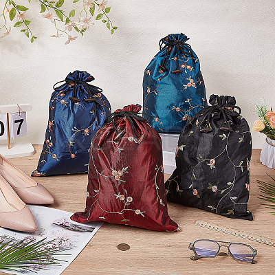 4Pcs 4 Colors Embroidery Flower Burlap Packing Pouches Drawstring Bags ABAG-FG0001-09-1
