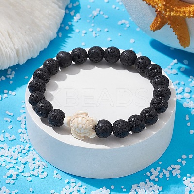 Natural Lava Rock Round & Synthetic Turquoise Turtle Beaded Stretch Bracelet for Women BJEW-JB09700-04-1