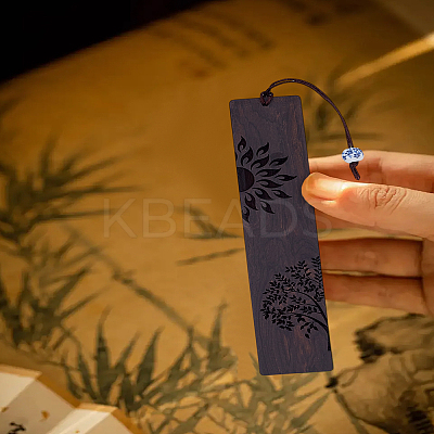 1Pc Rectangle Handmade Natural Wooden Carving Bookmarks with Rope Pendant AJEW-LP0004-27A-1