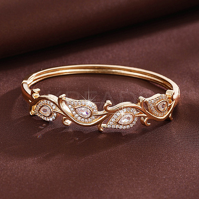 Brass Pave Clear Cubic Zirconia Drop Leaf Cuff Hinged Bangles for Women WG4E307-01-1