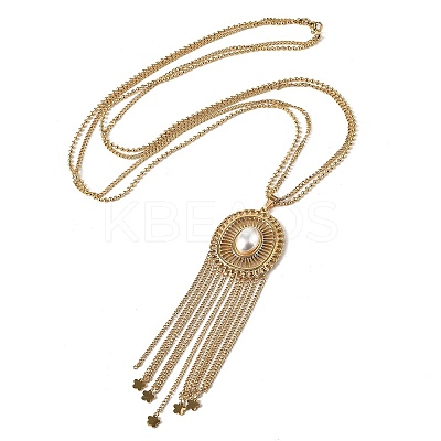 Bohemian 304 Stainless Steel & Imitation Pearl Oval Tassel Pendant Necklaces for Women NJEW-Z061-11G-1