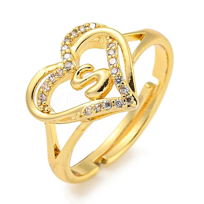 Heart with Letter Rack Plating Brass Micro Pave Clear Cubic Zirconia Adjustable Rings for Women RJEW-I105-01G-S-1