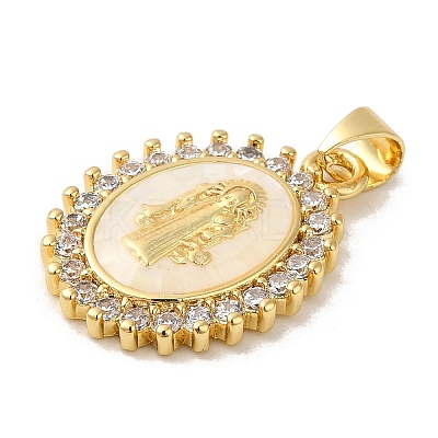 Rack Plating Brass Micro Pave Cubic Zirconia with Shell Pendants KK-P241-44G-01-1