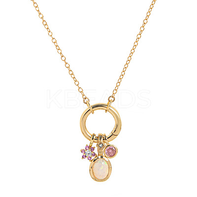 Brass Pave Cubic Zirconia Oval Flower Birth Stone Penant Necklaces with Synthetic Opal for Women WG88A4B-02-1