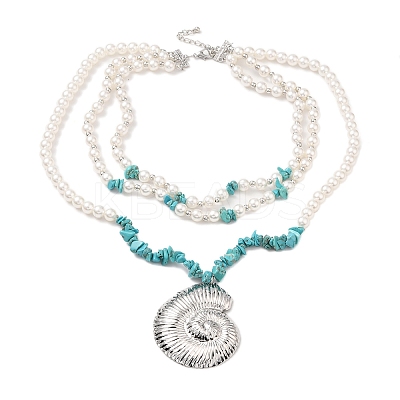 Boho Dyed Synthetic Turquoise Chip & Plastic Pearl Multi Layered Necklaces LS-NJEW-U006-04A-P-1