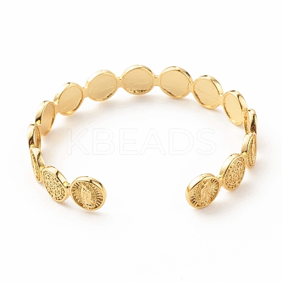 Brass Flat Round with Rosary Jesus Open Cuff Bangle for Women BJEW-B054-04G-1