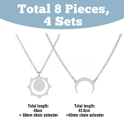 4 Sets 4 Style Sun and Moon 304 Stainless Steel Pendant Necklaces Set NJEW-FI0001-22-1