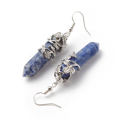 Natural Blue Spot Jasper Bullet with Flower Dangle Earrings EJEW-G300-02P-13-1