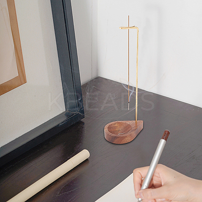 Brass Reverse Style Incense Burner Holder with Wood Teardrop Ash Catcher Tray AJEW-WH0258-702-1