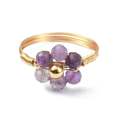 4Pcs 4 Style Natural Mixed Gemstone Beaded Flower Finger Rings Set RJEW-TA00074-1