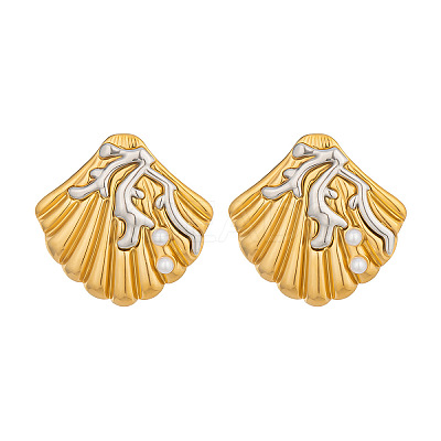 Two Tone 304 Stainless Steel Shell Pearl Stud Earrings for Women IE0729-1