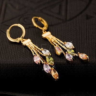 Real 18K Gold Plated Brass Cubic Zirconia Tassels Dangle Hoop Earrings EJEW-EE0001-185-1