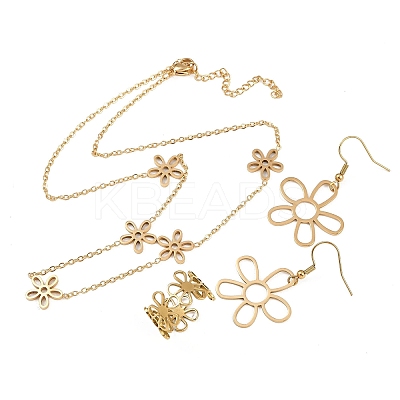 Hollow Flower 304 Stainless Steel Necklace & Dangle Earring & Cuff Ring Sets SJEW-F225-03G-1