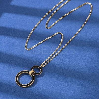 304 Stainless Steel Jet Rhinestone Double Rings Pendant Necklaces NJEW-V001-04G-1