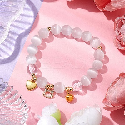 Cat & Bell & Heart Brass Charm Bracelets BJEW-JB10484-01-1