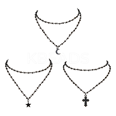 3 Set 3 Style Moon & Cross & Star Pendant Necklaces Set NJEW-FI0001-14-1