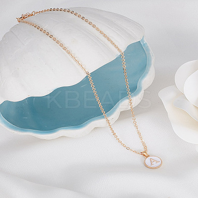 1Pc Zinc Alloy White Enamel Round with Letter Pendant Necklaces NJEW-LP0002-88G-A-1