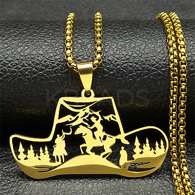 201 Stainless Steel Hollow Cowboy Hat Pendant Necklaces NJEW-H065-27G-1
