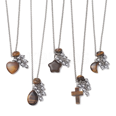 Natural Tiger Eye with Synthetic Non-magnetic Hematite Beads Cluster Pendant 304 Stainless Steel Rolo Chain Necklaces NJEW-JN05896-1