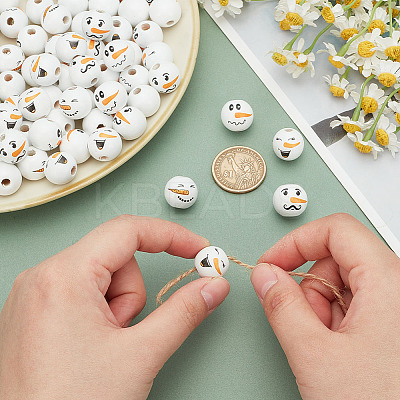 80Pcs 4 Styles Snowman Theme Printed Wood European Beads WOOD-PH0003-04A-1