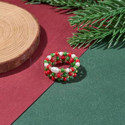2Pcs 2 Style Shell Pearl & Glass Seed & Brass Braided Rings RJEW-TA00030-1