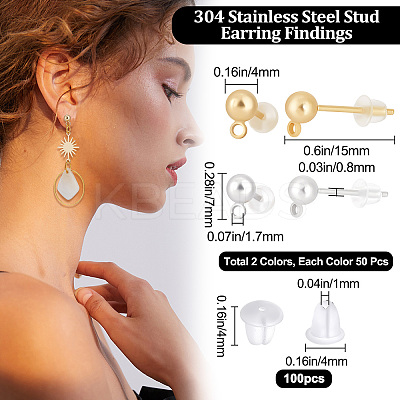 100Pcs 2 Colors 304 Stainless Steel Ball Stud Earring Post STAS-BBC0001-78-1