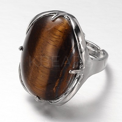 Adjustable Oval Brass Gemstone Wide Band Rings RJEW-L062-03J-1
