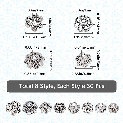 240Pcs 8 Styles Tibetan Style Alloy Flower Beads Caps FIND-SP0001-66-1