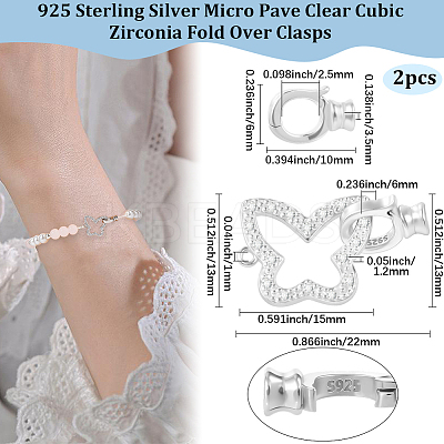 2Pcs 925 Sterling Silver Micro Pave Clear Cubic Zirconia Fold Over Clasps STER-BBC0008-47-1