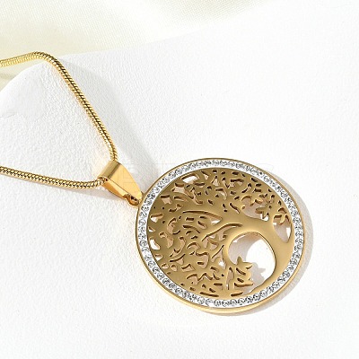 201 Stainless Steel Crystal Rhinestone Tree of Life Pendant Necklaces for Women NJEW-P327-03G-1