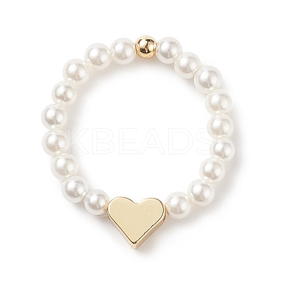 Shell Pearl & Brass Heart Beaded Stretch Rings for Women RJEW-TA00056-1