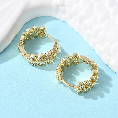 Clear Cubic Zirconia Leaf Hoop Earrings LS-EJEW-B013-01-1