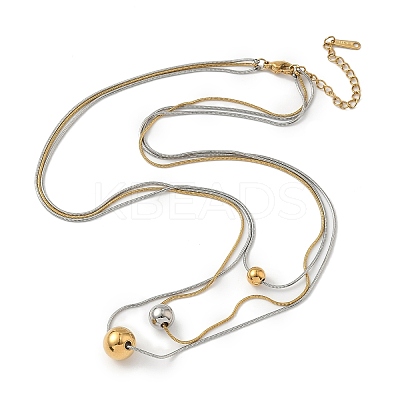 304 Stainless Steel Round Bead Snake Chain 3 Layer Necklaces for Women NJEW-G173-02B-GP-1