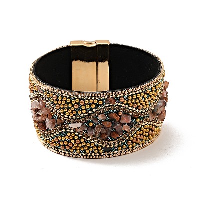 Natural Carnelian Chips & Rhinestone & Alloy Beaded PU Leather Cord Bracelet with Magnetic Clasp BJEW-I305-01E-1-1