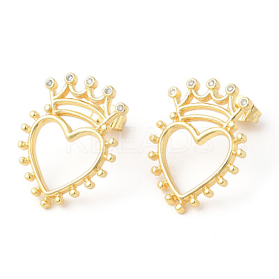 Clear Cubic Zirconia Hollow Heart with Crown Stud Earrings EJEW-R149-06G-1