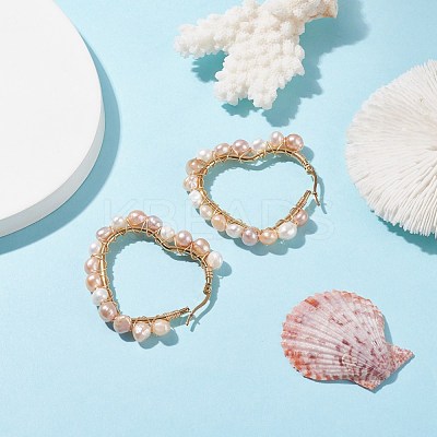Natural Pearl Wire Wrapped Heart Big Hoop Earrings for Women EJEW-JE04796-01-1
