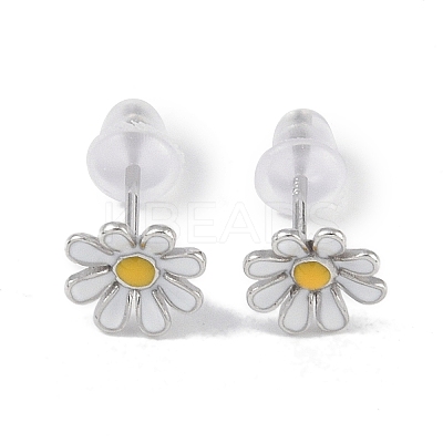 Anti-Tarnish Enamel Daisy Rhodium Plated 999 Fine Silver Stud Earrings for Women EJEW-S215-12P-1