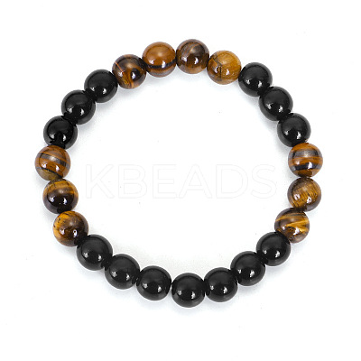 Black Obsidian & Tiger Eye Round Beaded Stretch Bracelets for Men Women FS-WG54ED5-01-1