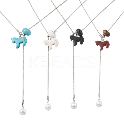 4Pcs 4 Color Dyed Synthetic Turquoise Horse with Shell Pearl Beads Pendant Necklaces NJEW-JN05895-1