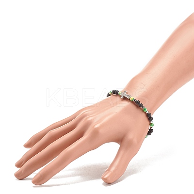 Natural & Synthetic Mixed Gemstone Beaded Stretch Bracelet with Clear Cubic Zirconia Cross for Women BJEW-JB08247-02-1